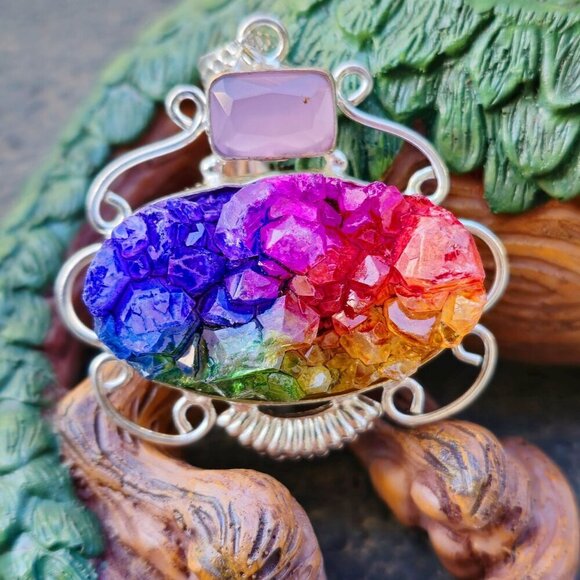 Rainbow Garnet ✦ Rose Quartz Pendant ✦ Sterling Silver Gem Cluster NWT - Picture 6 of 10